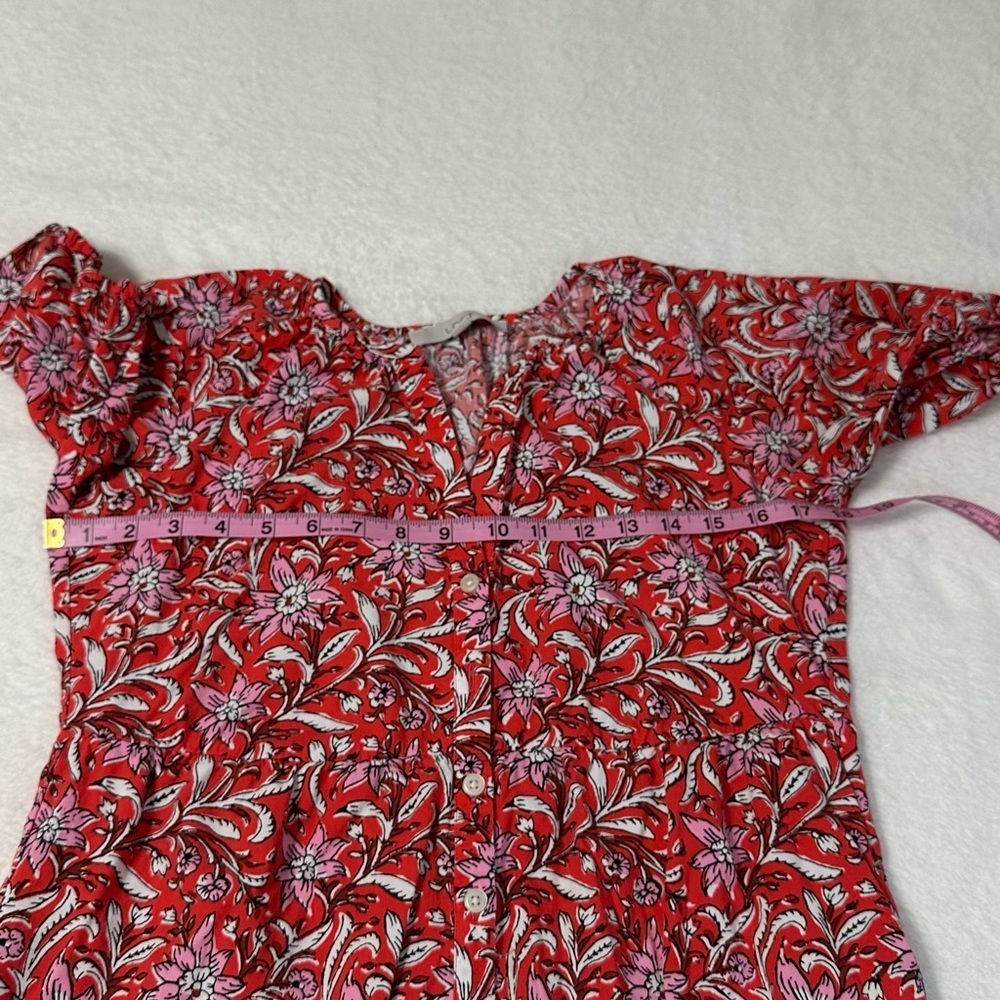 LOFT Red and White Boho Preppy Floral Tiered Ruffled Midi Dress with V-Neck - Picture 10 of 14